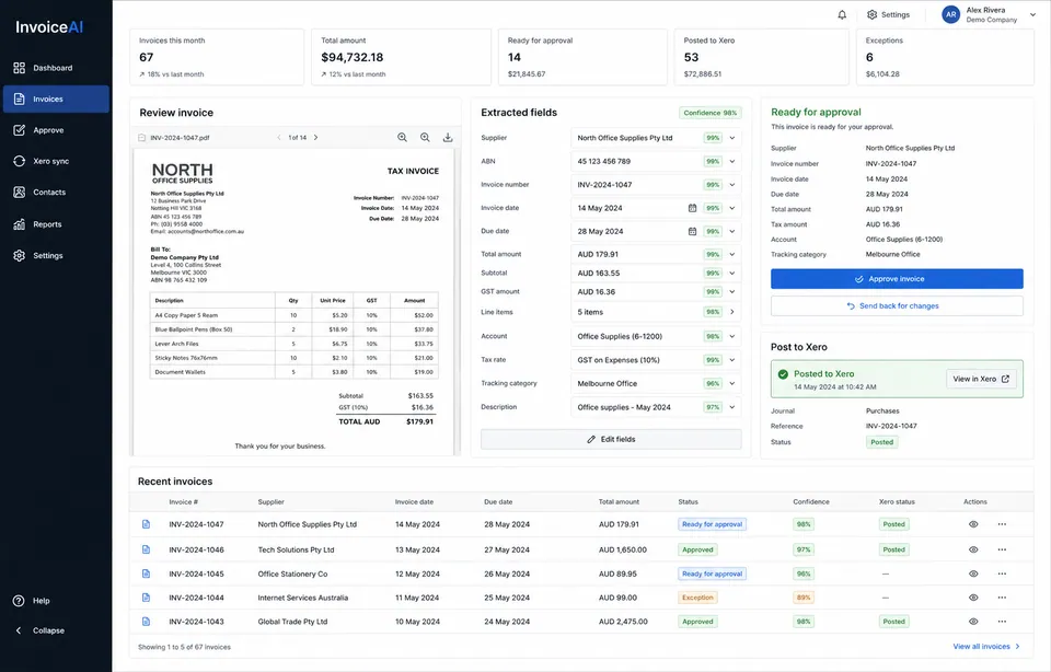 Invoice automation interface showing capture, approval and Xero posting